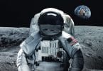 Astronauta com uniforme e bandeira dos Estados Unidos na Lua. Ao fundo é possível ver a Terra.