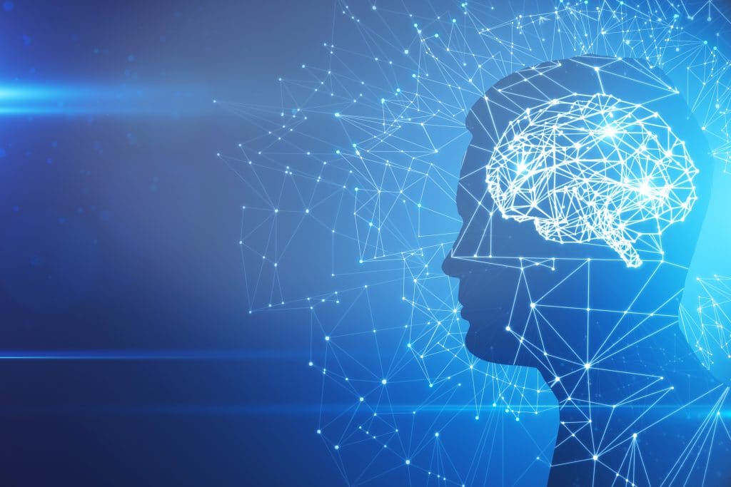 Silhueta de perfil de homem com cérebro abstrato sobre fundo azul. Inteligência artificial