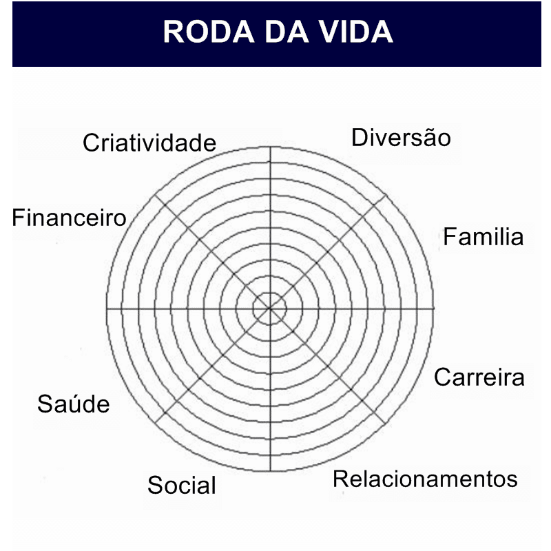 Representação gráfica da Roda da Vida, com os setores da Criatividade, Família, Diversão, Carreira, Relacionamentos. Social, Saúde e Financeiro a compondo.