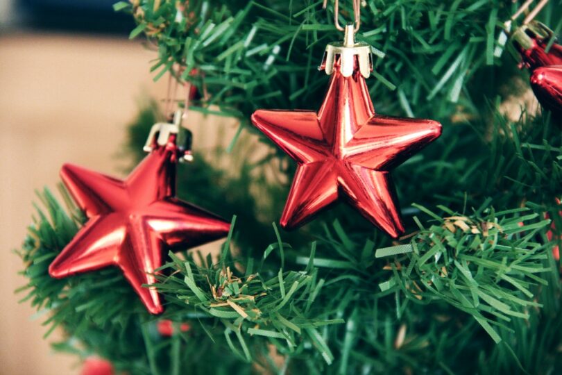 Detalhe em árvore de natal, com dois enfeites em formato de estrelas vermelhas.