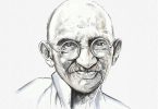 Ilustração em preto e branco do rosto de Mahatma Gandhi.