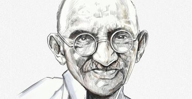 Ilustração em preto e branco do rosto de Mahatma Gandhi.