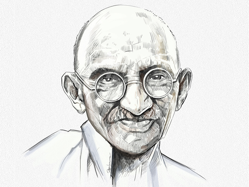 Ilustração em preto e branco do rosto de Mahatma Gandhi.