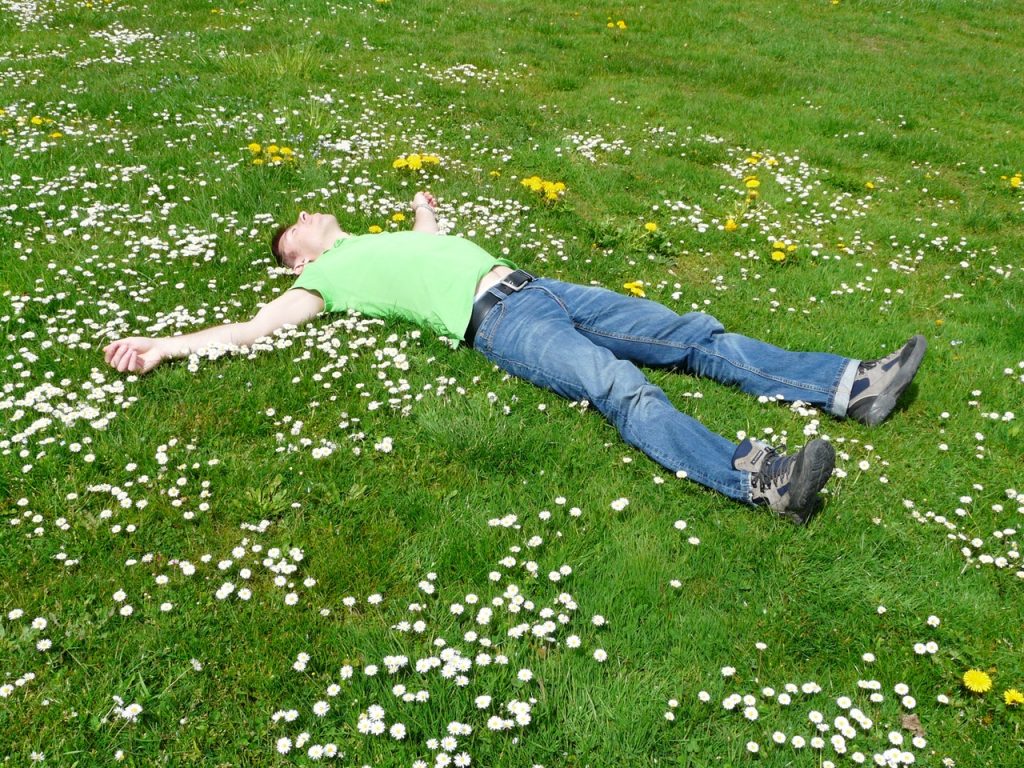 Homem deitado em gramado cheio de pequenas flores brancas e amarelas.