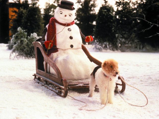 Cena do filme "Uma Noite Mágica", na qual o boneco de neve é carregado por um cachorro.