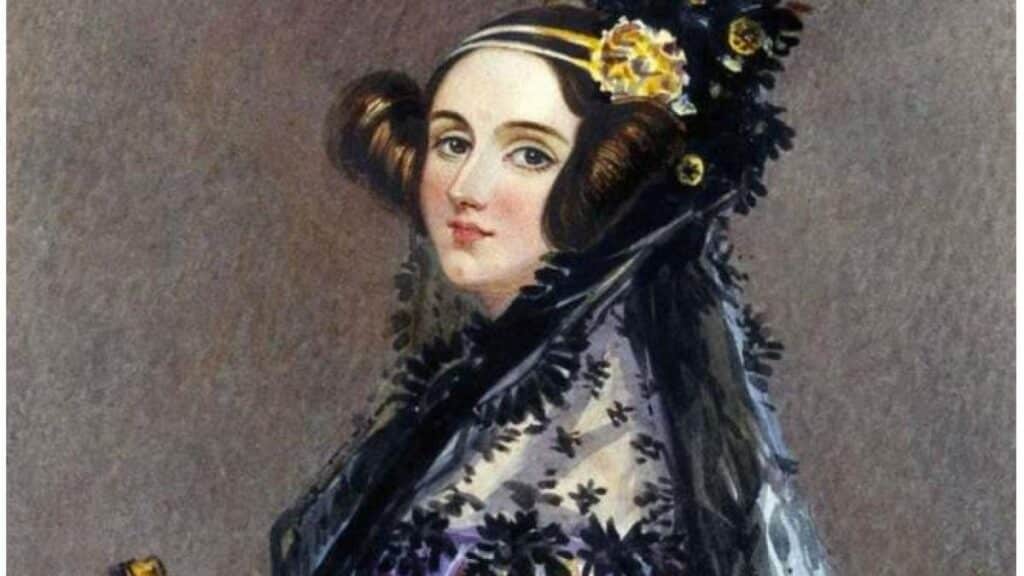 Pintura de Ada Lovelace (1815 - 1852), de perfil, em óleo sobre tela.