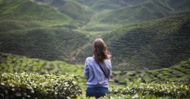 Mulher sozinha, de costas, em meio a paisagem natural montanhosa.