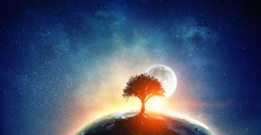 Ilustração de uma árvore gigante no planeta Terra, atrás da qual a lua se esconde