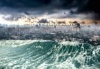 Cidade sendo destruída pelas ondas do tsunami