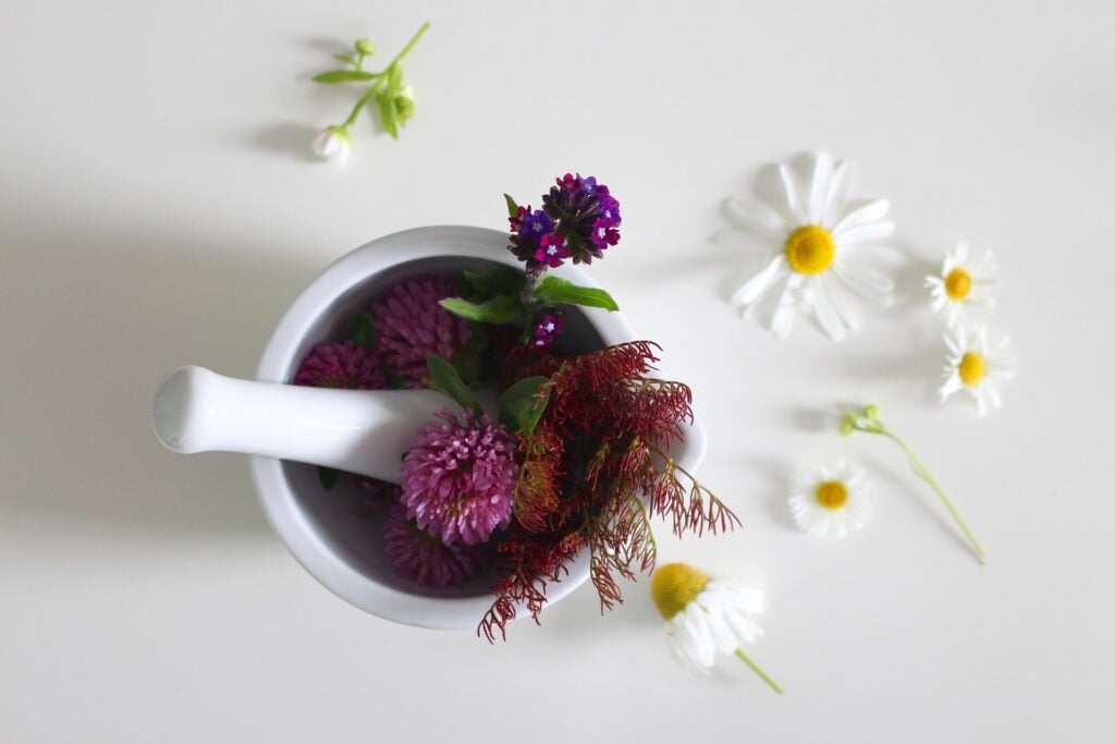 Ingredientes florais para a produção de remédios caseiros para a sinusite. São flores de diversos tipos dispostas em um pote branco para serem masseradas. 
