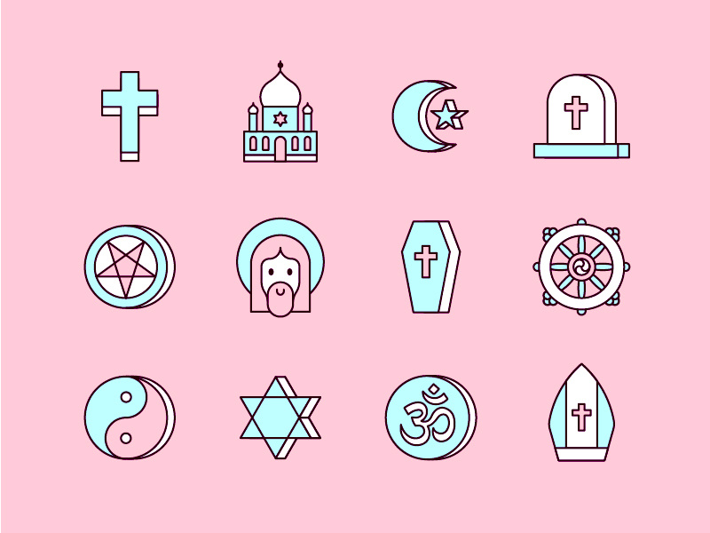 Ilustrações de diferentes símbolos sacros de religiões diversas.