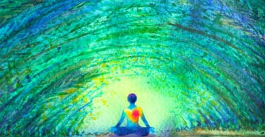Ilustração de uma pessoa meditando em uma mata.
