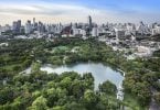 Lago cercado por vegetação, e uma cidade grande com muitos prédios ao fundo.