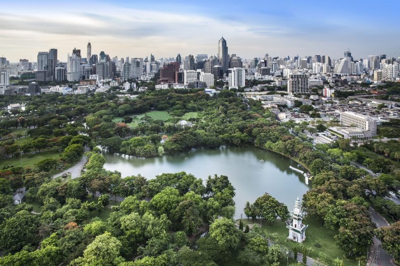 Lago cercado por vegetação, e uma cidade grande com muitos prédios ao fundo.