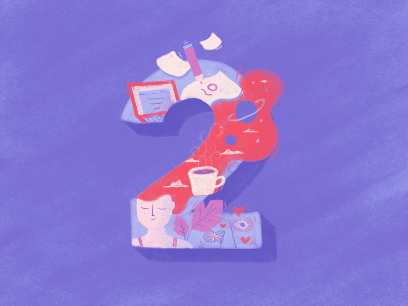 Ilustração do número 2 preenchido por desenhos de uma menina, um computador papeis e café.