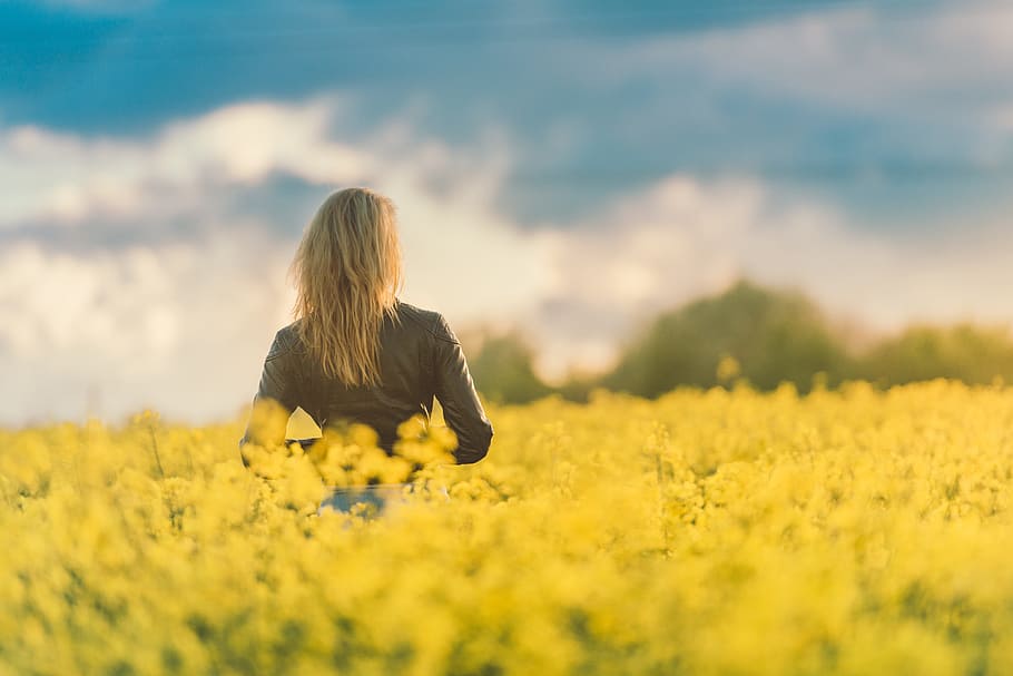 Campo de flores amarelas com uma mulher de jaqueta de couro, de costas para a câmera. Ela está sozinha e as flores estão na altura de sua cintura.