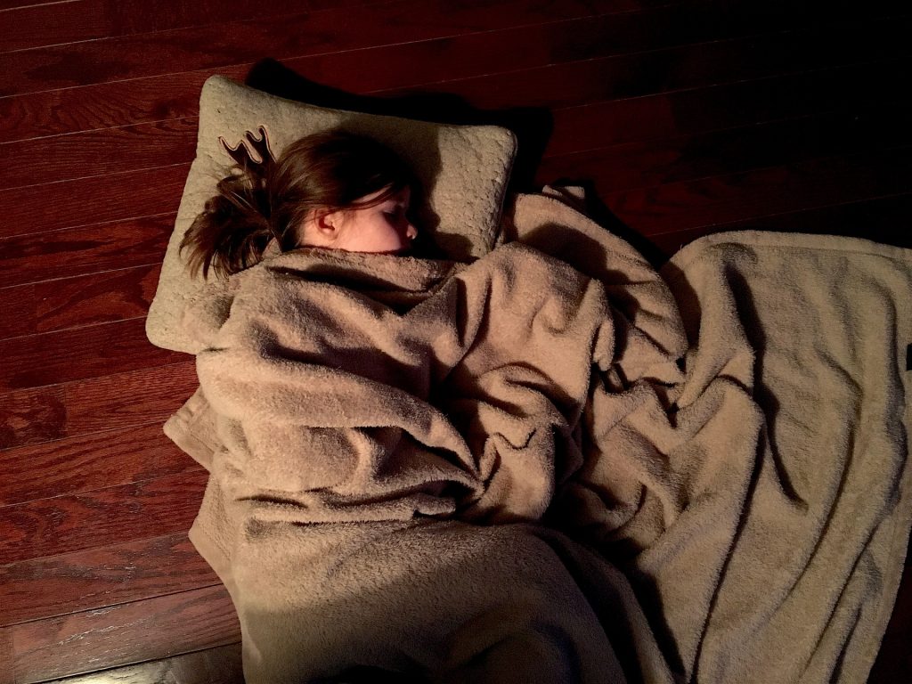 Menina dormindo deitada sobre um piso de madeira marrom escura. Ela está com a cabeça sobre uma almofada bege e coberta com uma manta de pelo bege.