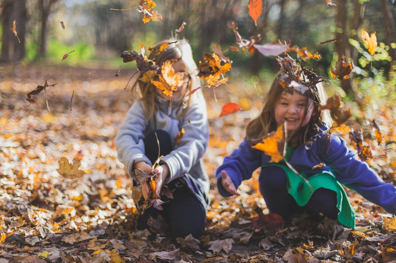 Duas meninas pequenas na natureza, brincando de jogar folhas secas para o alto.