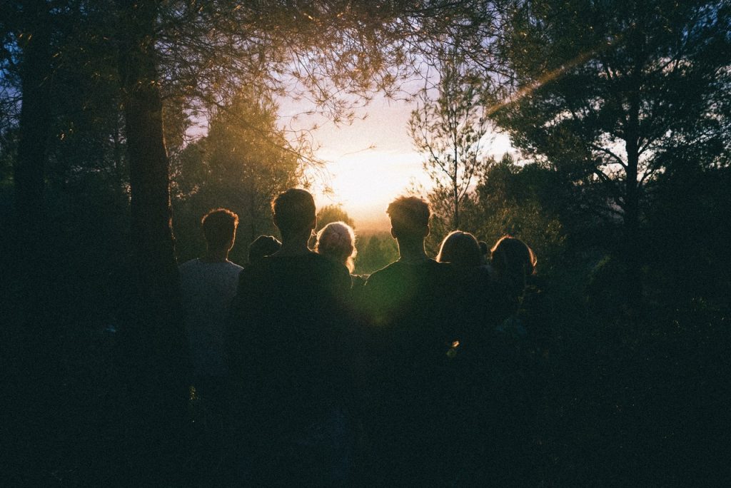 Grupo de jovens em uma floresta, observando o pôr do sol.