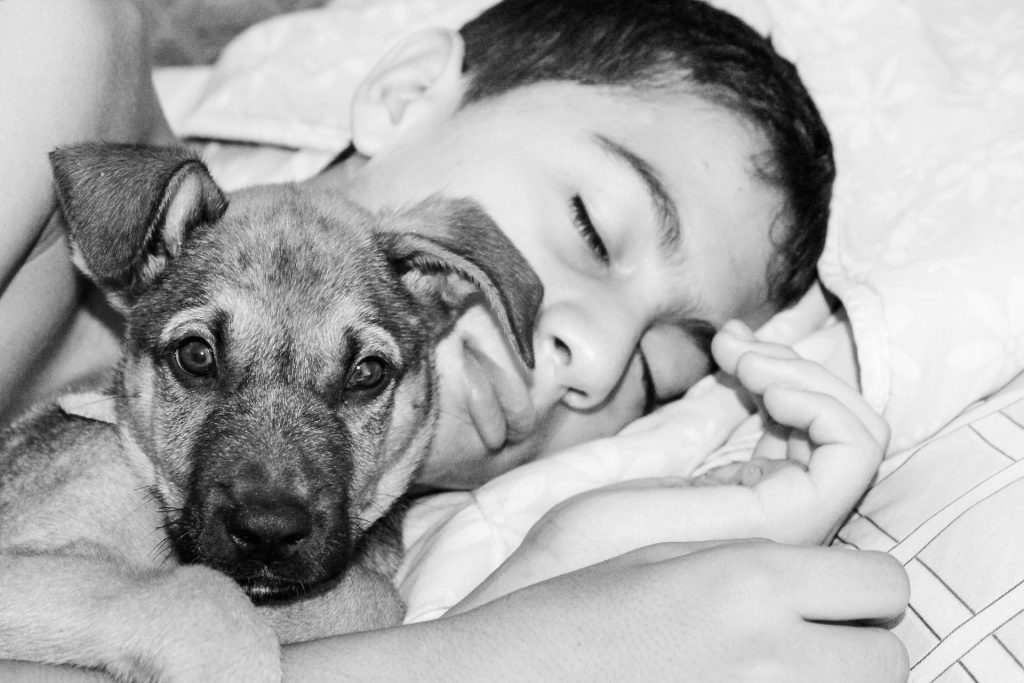 Imagem de uma criança dormindo abraçada ao seu cachorro que está acordado e atento.
