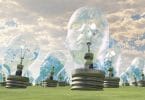 Ilustração de um grupo de lâmpadas gigantes cujo formato se assemelha a cabeças humanas, disposto em um campo.
