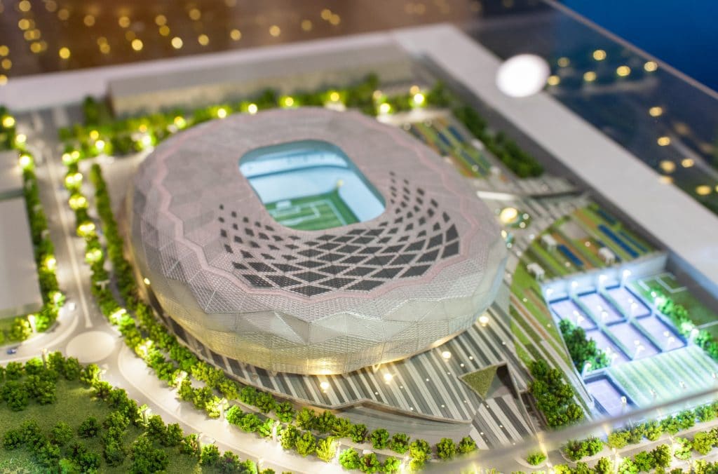 Maquete do projeto de construção do estádio para sediar a abertura dos jogos da copa do mundo de 2022 no Katar.