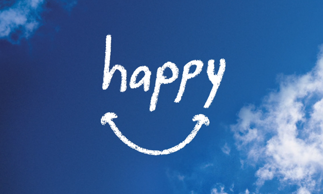 Capa do documentário "Happy", com um sorriso desenhado sobre um céu ensolarado.