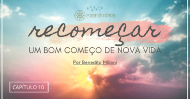 Capa do livro "Recomeçar... Um bom começo de nova vida" com um nascer do sol entre os escritos.