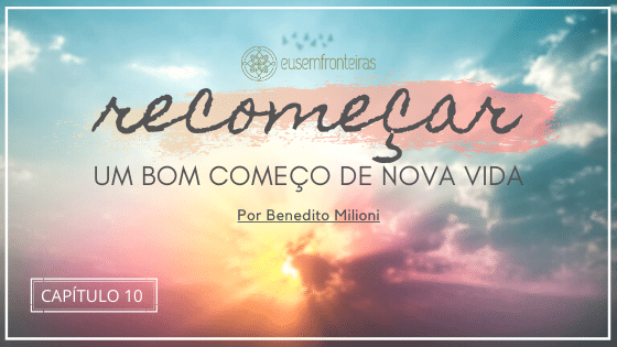 Capa do livro "Recomeçar... Um bom começo de nova vida" com um nascer do sol entre os escritos.