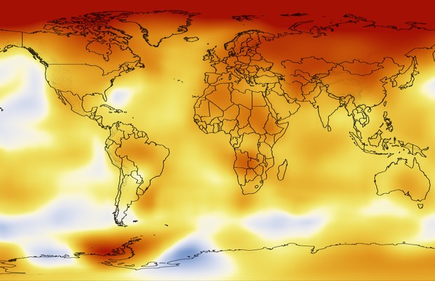 Mapa de cor da Nasa, que mostra os locais onde a Terra esquentou mais devido às mudanças climáticas. Pelo mapa, percebe-se que as áreas mais afetadas se concentram nos polos do planeta.