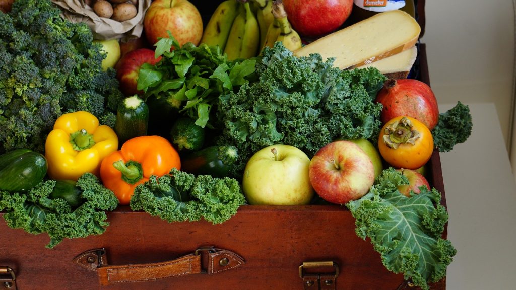 Imagem de uma mala repleta de horaliças, frutas, legumes e outros alimentos com nutrientes para uma alimentação saudável.