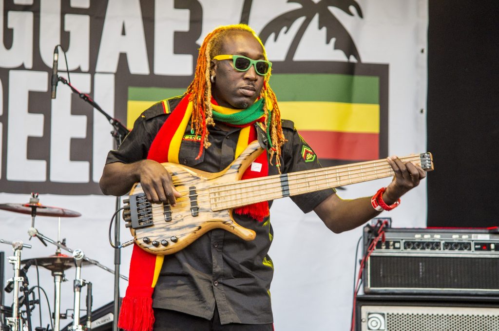 Músico de reggae fazendo uma apresentação em um show do estilo musical. Ele faz uma apresentação solo, tocando uma guitarra. Usa cachecol com as cores do reggae, um rastafari e um óculos de sol nas cores verde e amarelo.
