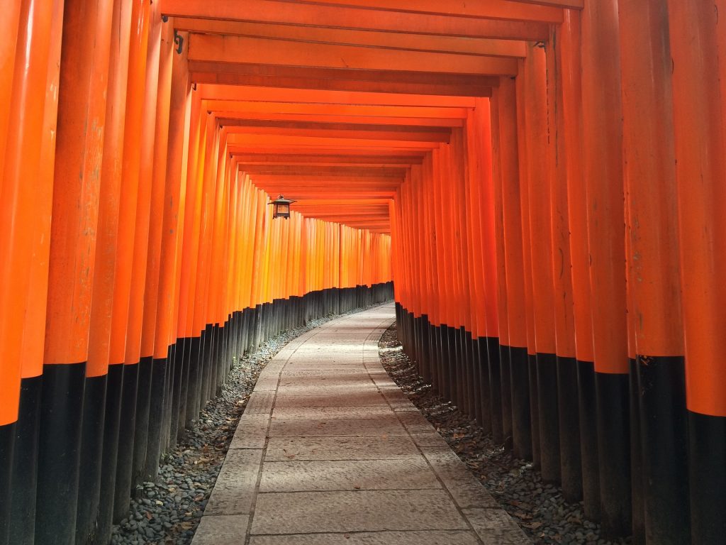 Imagem do caminho que dá acesso ao santuário japonês denominado INARI. O caminho é todo feito de madeira nas cores vermelho e preto, fechando o teto e nas laterais.