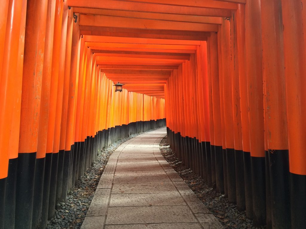 Imagem do caminho que dá acesso ao santuário japonês denominado INARI. O caminho é todo feito de madeira nas cores vermelho e preto, fechando o teto e nas laterais.
