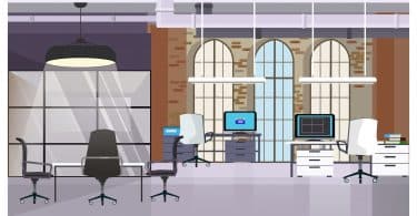 Desenho colorido de escritório com janelas, mesas, cadeiras e computadores.