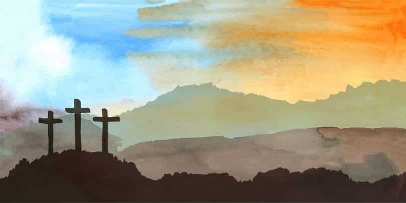 Cena de páscoa com 3 crucifixos desenhada sobre uma paisagem de aquarela.