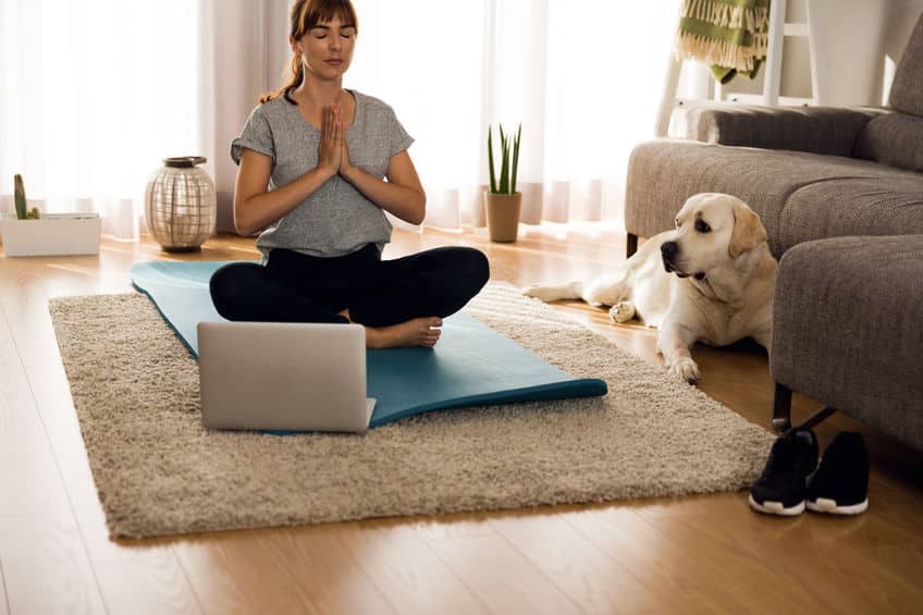 Mulher meditando em chão de sala, sobre um tapete de ioga. Em sua frente um notebook está aberto, e ao seu lado um cachorro está deitado e olhando para ela.