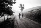 Imagem em preto e branco de uma estrada com um casal de amigos andando sobre ela de bicicleta.