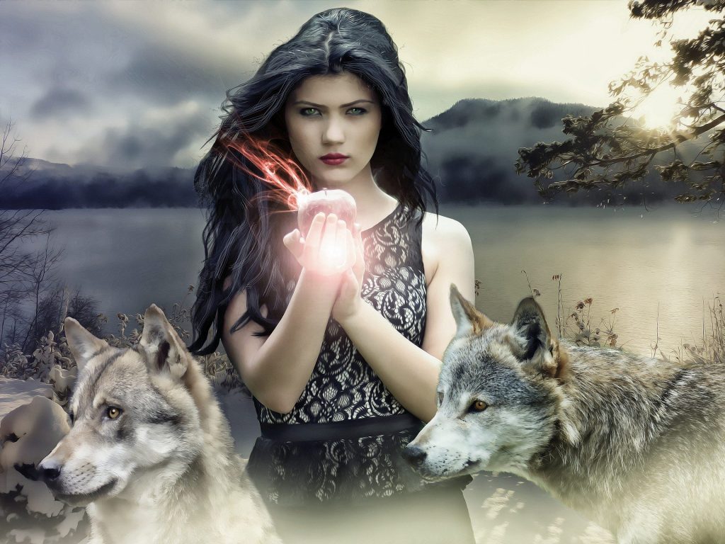 Ilustração de uma mulher ao lado de dois lobos