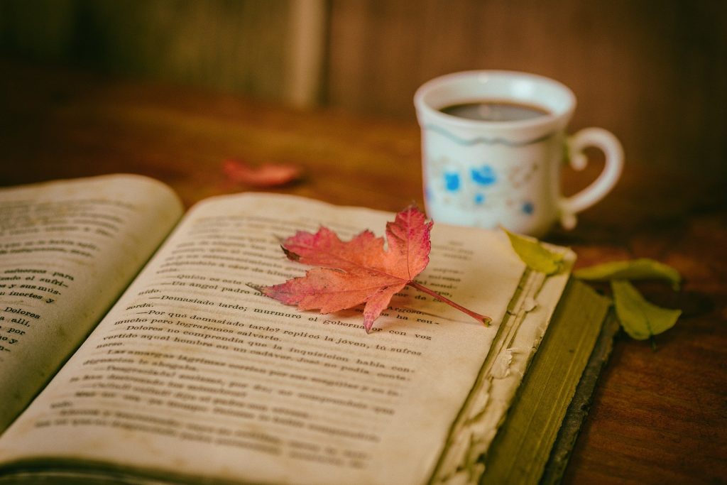 Imagem de um livro espírit aberto sobre uma mesa de madeira. Sobre ele, uma folhagem de outono na cor laranja. Ao lado do livro, um caneca de chá.