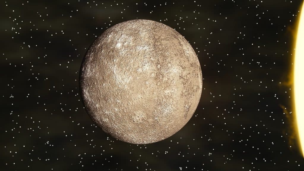 Imagem do planeta Mercúrio ao lado do Sol e das estrelas.