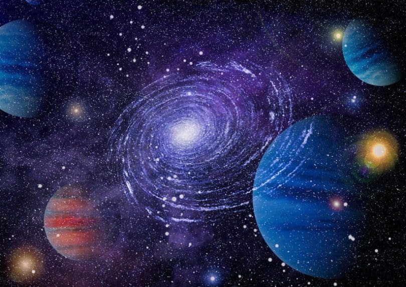 Universo com planetas e estrela cósmica iluminada