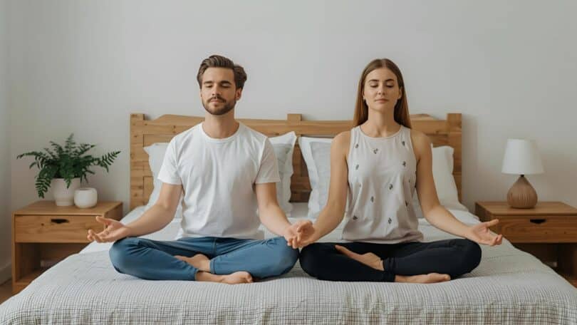 Imagem de um casal meditando no quarto, sobre a cama.
