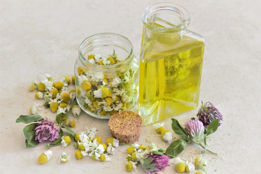 Imagem de flores de camomila em um pote de vidro e em outro recipiente de vidro um tipo de óleo, ingredientes que serão utilizados na aromaterapia para uso de quem sofre com parkinson.