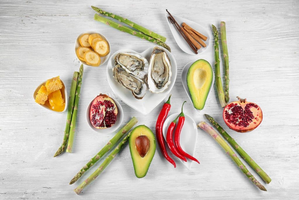 Imagem com vários tipos de alimentos naturais que podem ser utilizados para aumentar a libido. Entre eles temos: abacate, ostras, romã e gengibre.