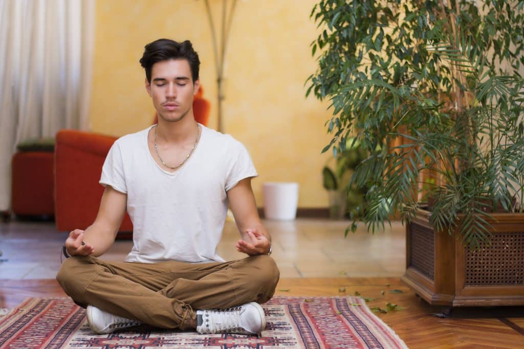 Homem sentado em tapete, no chão de uma sala, com as pernas cruzadas e os olhos fechados, meditando. Ao lado dele, um vaso com plantas altas.