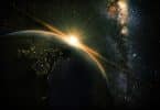 Fotografia do planeta Terra visto do lado contrário à exposição do sol.