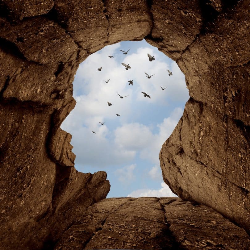 Silhueta de uma cabeça humana formada em uma rocha, com pássaros voando ao fundo.
