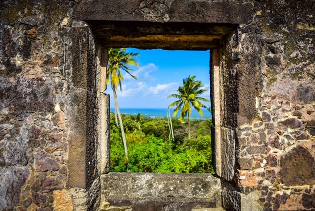 Vista de coqueiros com mata verde e mar ao fundo através de janela de pedras