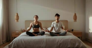 Imagem de um casal meditando no quarto, sobre a cama.